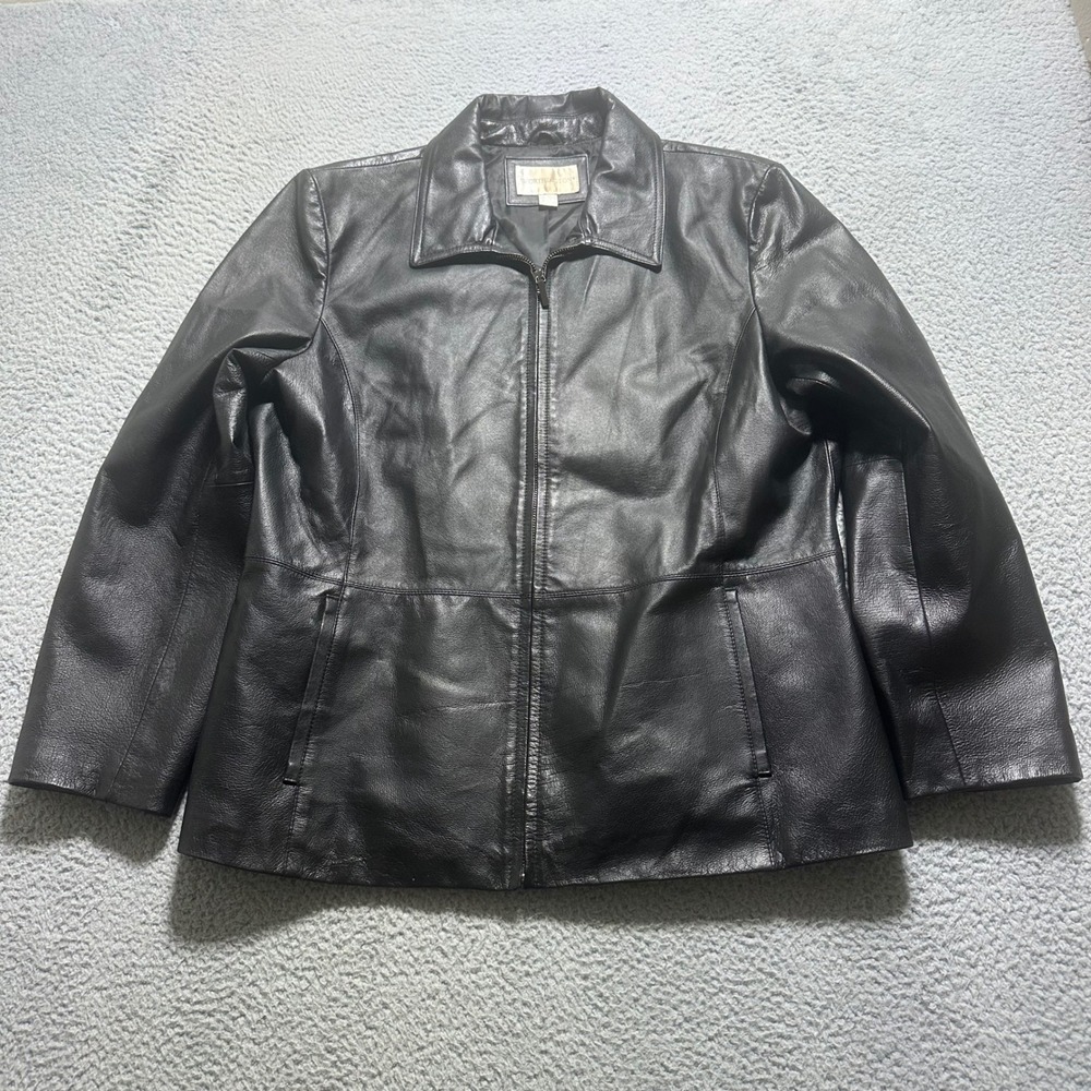 Worthington Womens XL Black Genuine Leather Jacket Y2K 90s Minimalist Zip